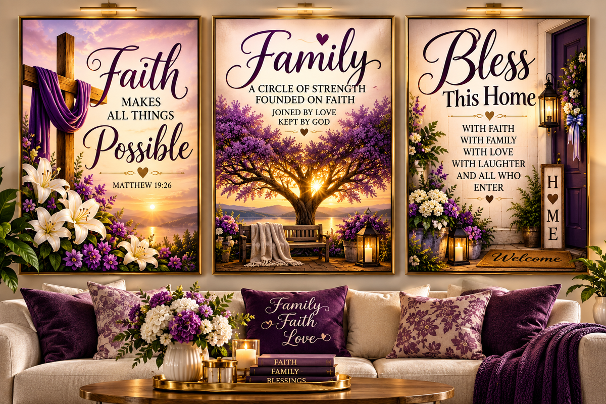 Faith & Family Wall Art collection in a warm purple and cream living room