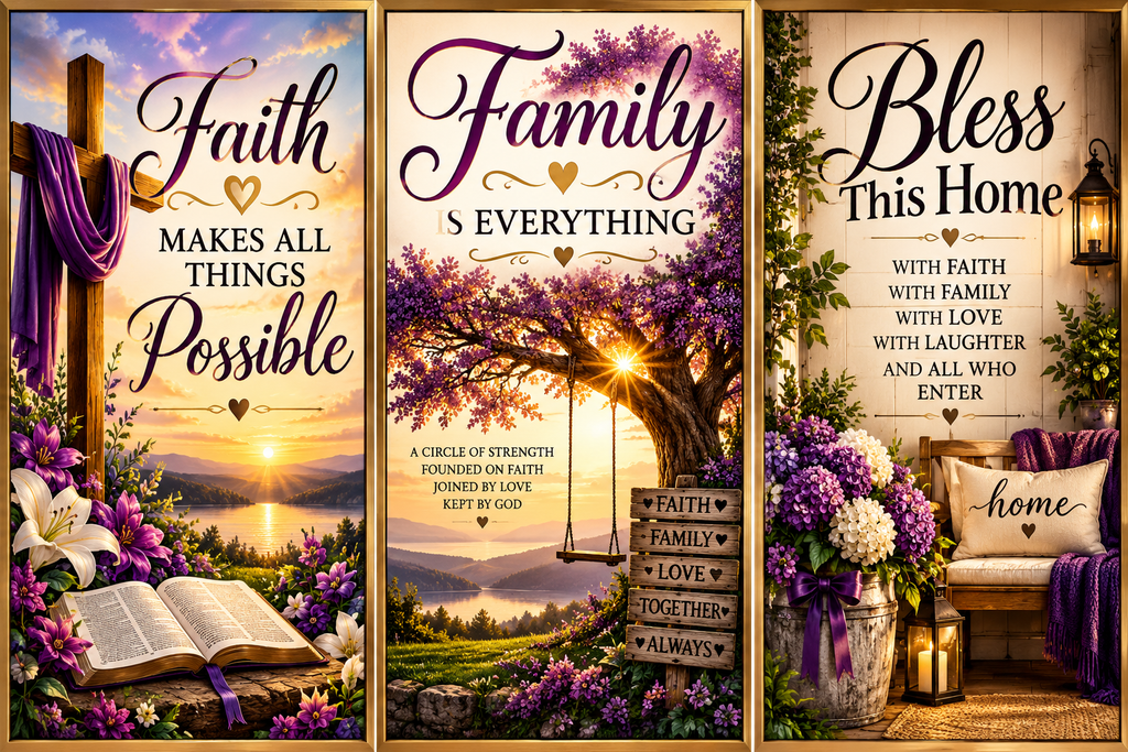 Three Faith & Family Wall Art designs: Faith, Family, and Bless This Home