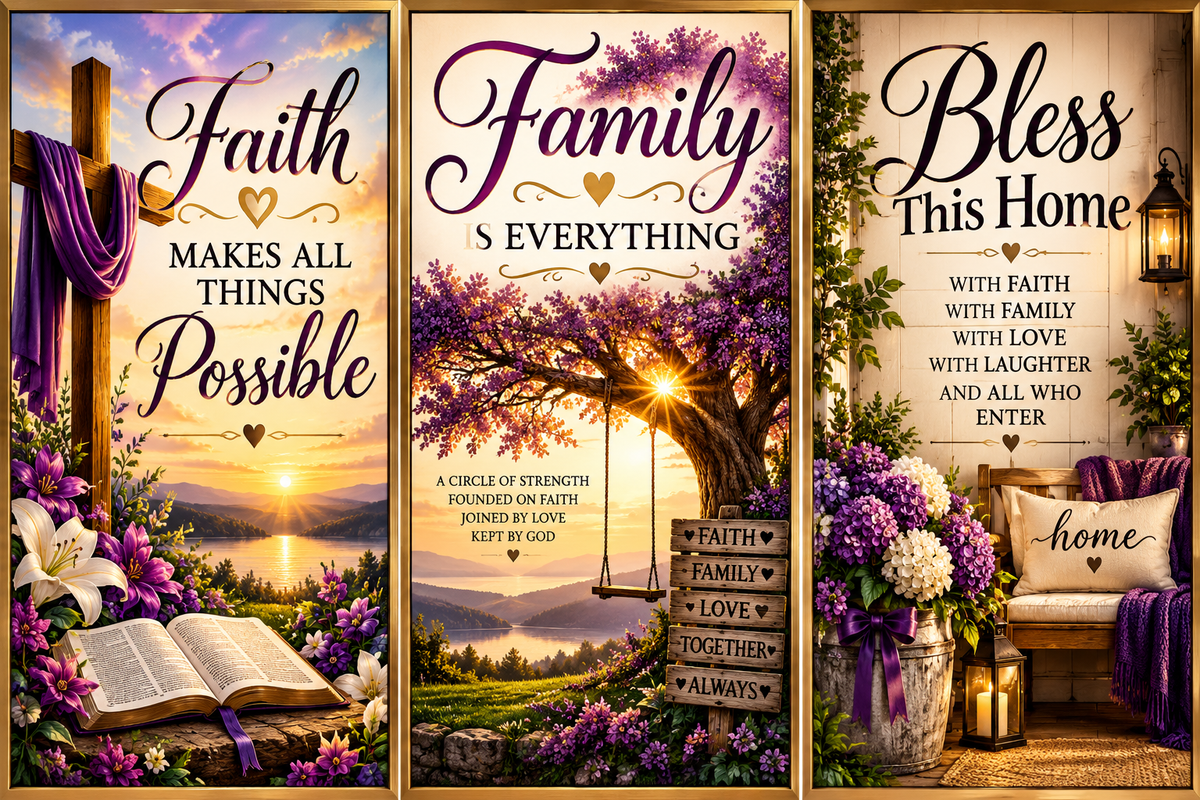 Three Faith & Family Wall Art designs: Faith, Family, and Bless This Home