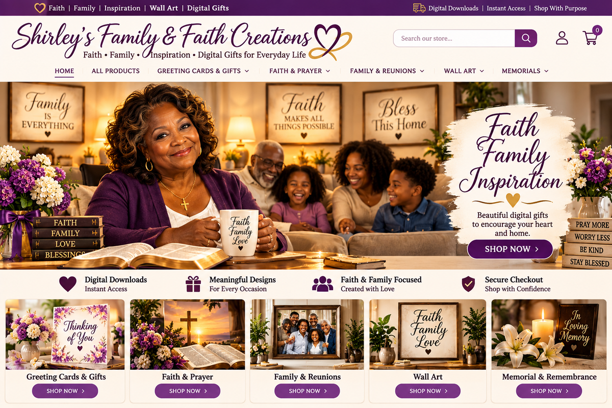 Warm family setting for Shirley's Family & Faith Creations storefront